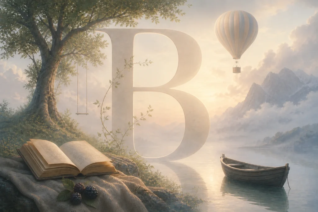 Poetische Traumillustration mit dem Buchstaben B und symbolischen Elementen wie Baum, Ballon, Boot und Buch in sanfter Nebelstimmung.