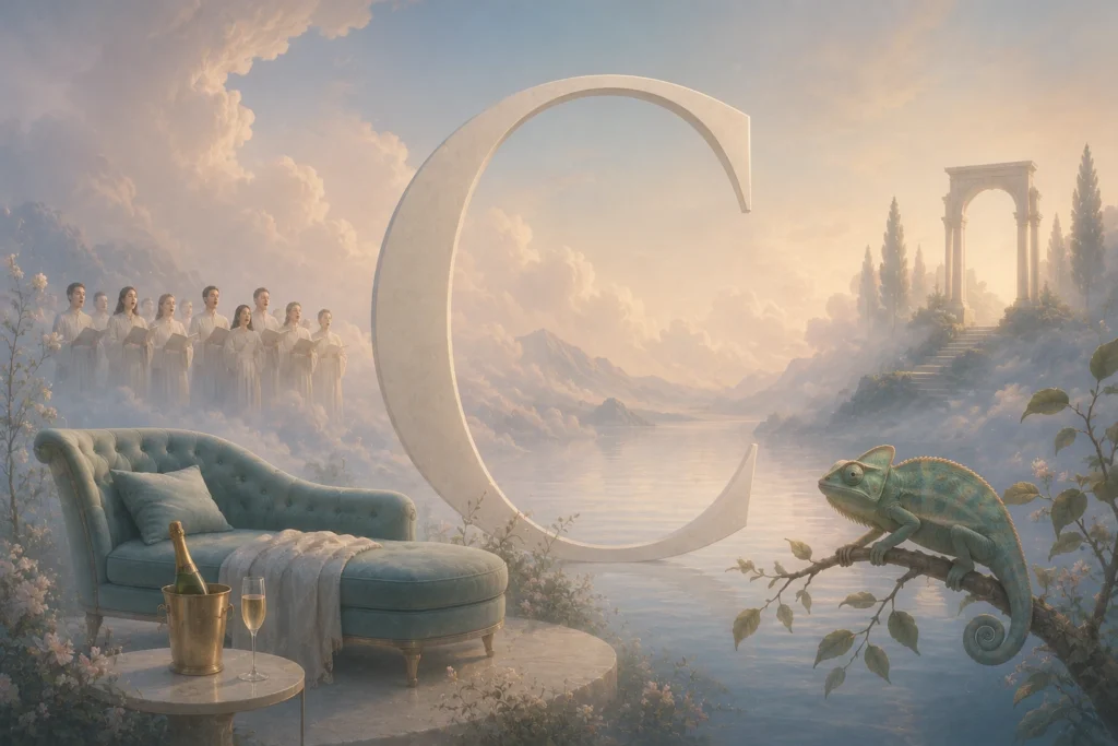 Ruhige Traumszene mit dem Buchstaben C und symbolischen Motiven wie Couch, Chor oder Cham&auml;leon in einer weichen, surrealen Bildwelt.