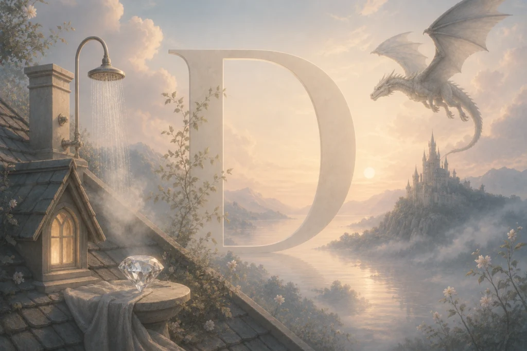 Vertr&auml;umte Illustration des Buchstabens D mit Traumsymbolen wie Dusche, Drache, Dach und Diamant in einer ruhigen atmosph&auml;rischen Traumlandschaft.