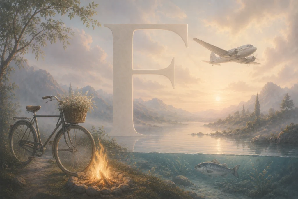Atmosph&auml;rische Traumlandschaft mit dem Buchstaben F und Symbolen wie Feuer, Fisch, Fahrrad und Flugzeug im ruhigen Dreamgpt-Stil.