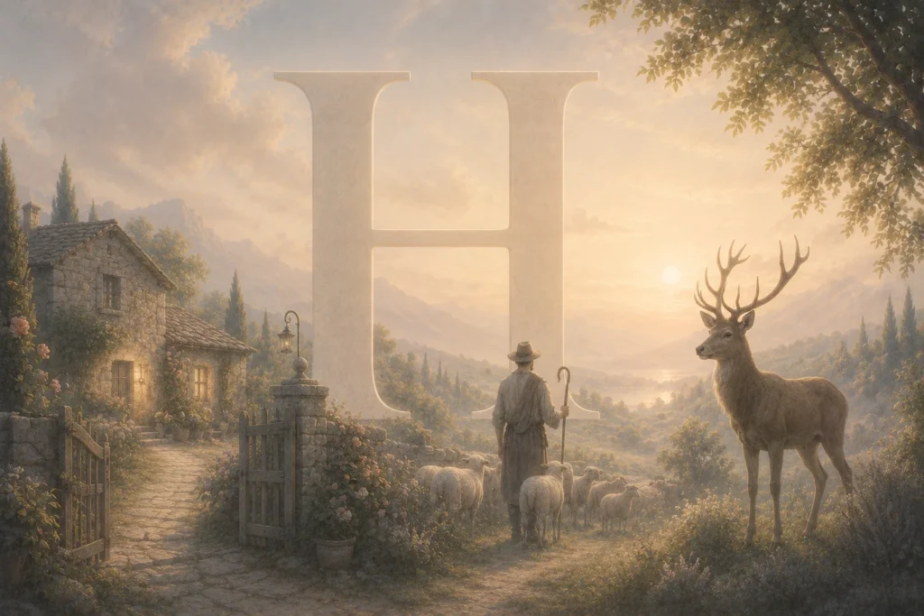 Poetische Traumszene mit dem Buchstaben H und Symbolen wie Haus, Hirte, Hirsch und Himmel in sanfter Lichtstimmung.
