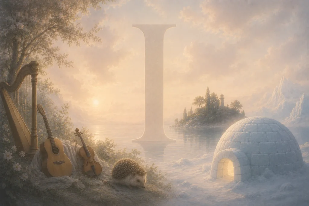 Ruhige Illustration des Buchstabens I mit Traumsymbolen wie Insel, Instrumente, Igel oder Iglu in einer modernen surrealen Traumlandschaft.