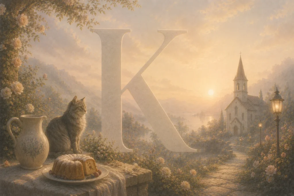 Poetische Traumillustration mit dem Buchstaben K und Symbolen wie Katze, Kirche, Kuchen und Krug in einer ruhigen Nebelstimmung.