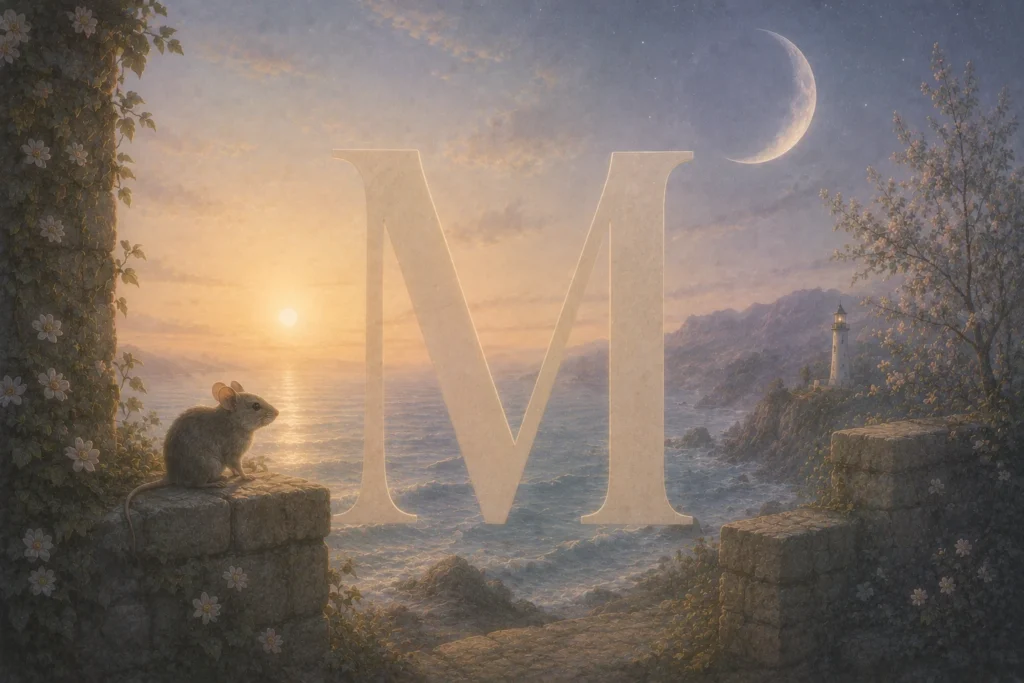 Vertr&auml;umte Illustration des Buchstabens M mit Symbolen wie Meer, Mond, Mauer und Maus in einer ruhigen poetischen Traumwelt.