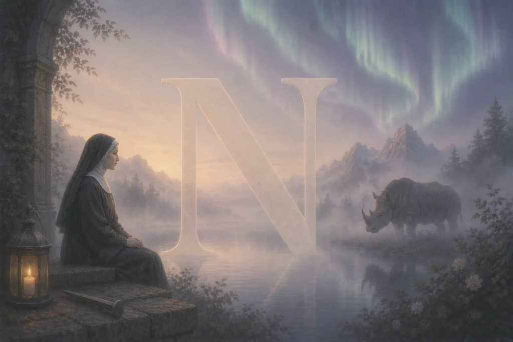 Atmosph&auml;rische Traumszene mit dem Buchstaben N und Symbolen wie Nacht, Nonne, Nebel, Nashorn, Nordlichter und Nadel in weicher surrealer Gestaltung.
