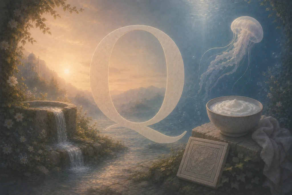 Vertr&auml;umte Illustration des Buchstabens Q mit symbolischen Elementen wie Qualle, Quadrat, Quark und Quelle in einer ruhigen surrealen Szene.