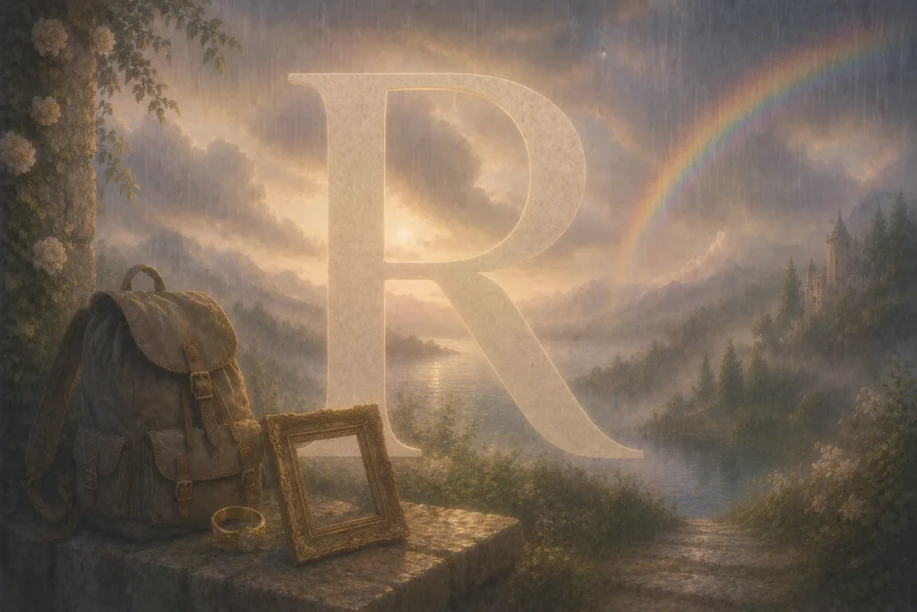 Poetische Traumillustration mit dem Buchstaben R und Symbolen wie Regen, Regenbogen, Reise, Rahmen und Ring in sanfter Nebelatmosph&auml;re.