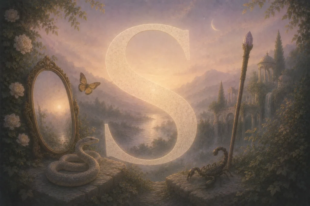 Atmosph&auml;rische Traumwelt mit dem Buchstaben S und Traumsymbolen wie Schlange, Spiegel, Schmetterling, Skorpion, Stab und Sonne im ruhigen DreamGPT-Stil.