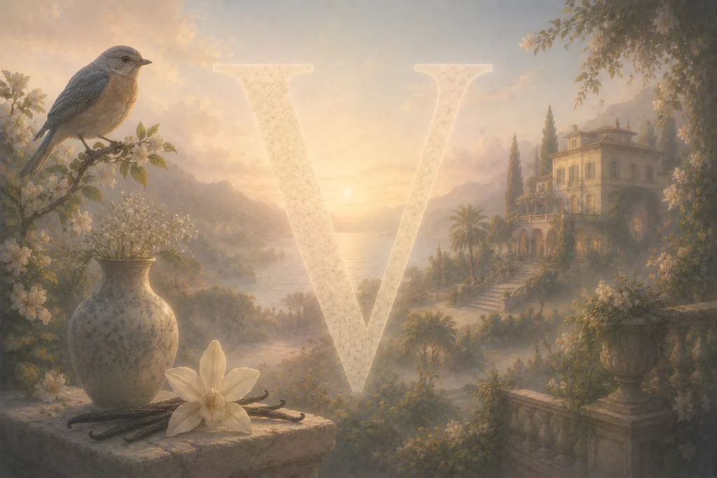 Poetische Illustration des Buchstabens V mit Traumsymbolen wie Vogel, Villa, Vase und Vanille in einer weichen surrealen Atmosph&auml;re.