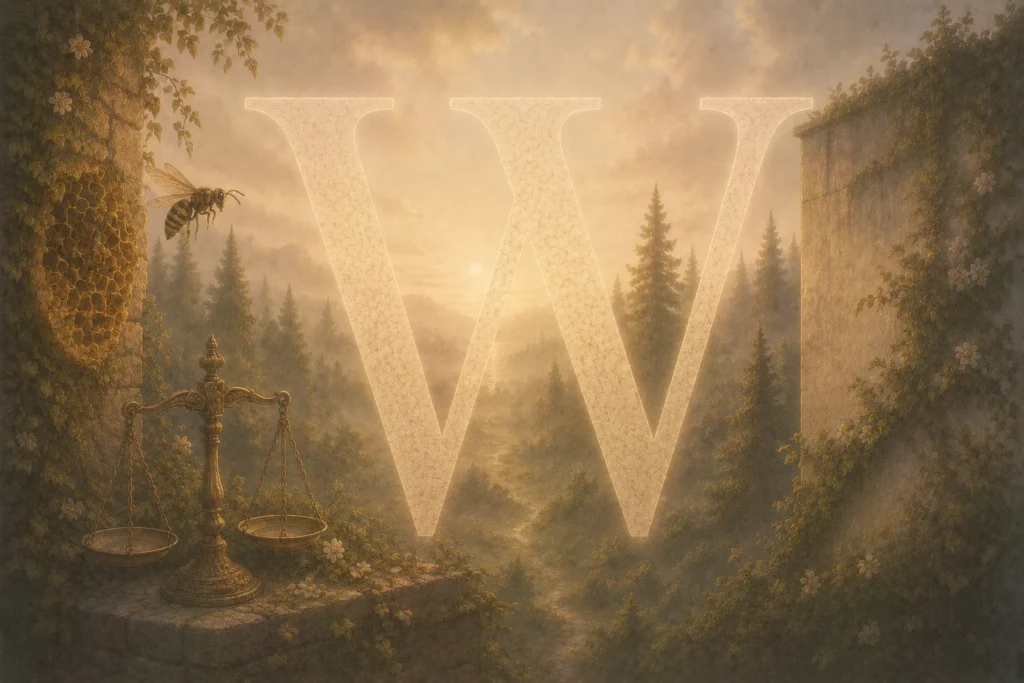 Vertr&auml;umte Traumlandschaft mit dem Buchstaben W und Symbolen wie Wespe, Wald, Wabe und Waage in einer ruhigen poetischen Bildwelt.