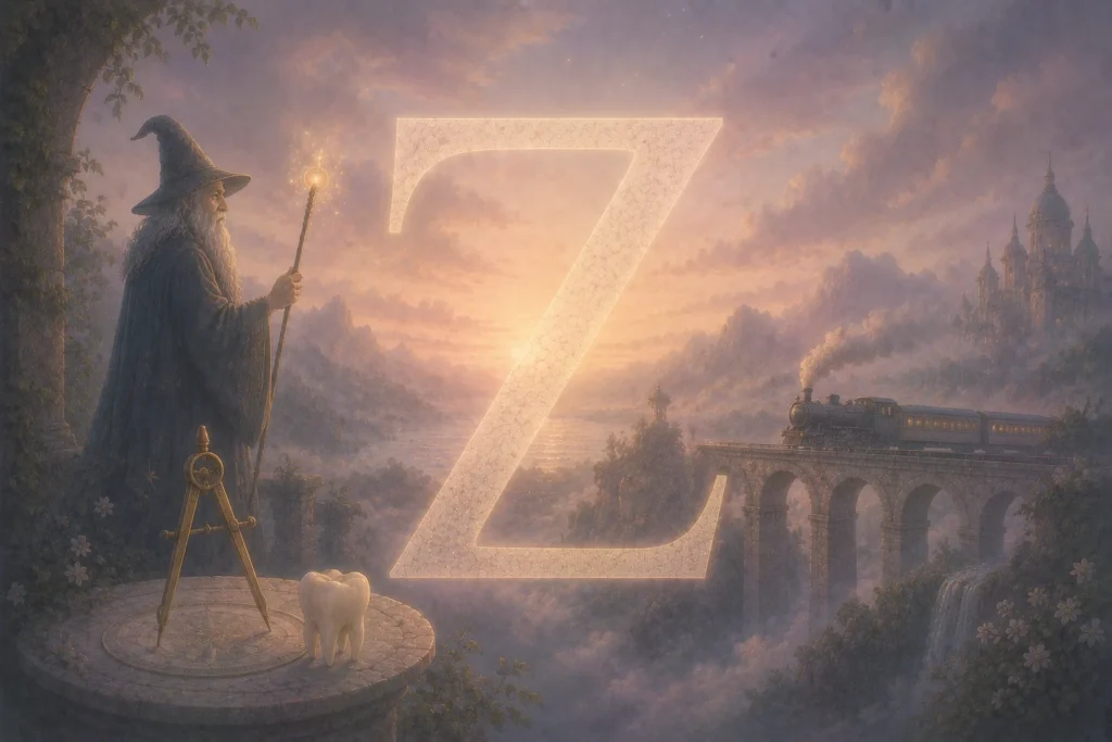 Vertr&auml;umte Illustration des Buchstabens Z mit Symbolen wie Z&auml;hne, Zirkel, Zauberer und Zug in einer weichen atmosph&auml;rischen Traumlandschaft.